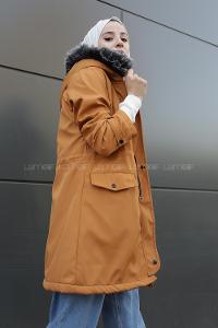 Modalamelif İçi Kürklü Kapşonlu Bondit Mont Hardal Sarısı