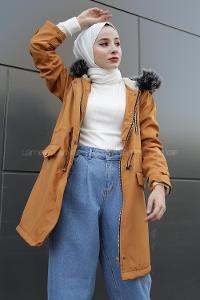 Modalamelif İçi Kürklü Kapşonlu Bondit Mont Hardal Sarısı