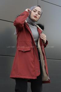 Modalamelif İçi Kürklü Kapşonlu Bondit Mont Kiremit