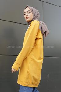 Modalamelif Kapşonlu Uzun Düz Sweat Hardal Sarısı