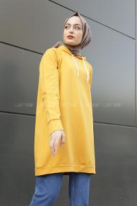 Modalamelif Kapşonlu Uzun Düz Sweat Hardal Sarısı