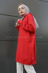 Modalamelif Kapşonlu Uzun Düz Sweat Kırmızı