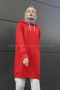 Modalamelif Kapşonlu Uzun Düz Sweat Kırmızı