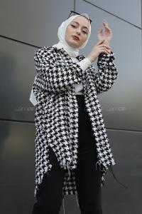 Modalamelif Kazayağı Desen Eteği Saçaklı Çift Cepli Gömlek Siyah Beyaz