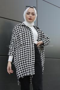 Modalamelif Kazayağı Desen Eteği Saçaklı Çift Cepli Gömlek Siyah Beyaz