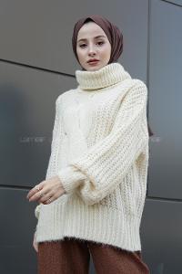 Modalamelif Boğazlı Önü Saç Örgü Kazak Kemik