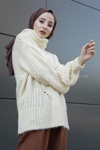 Modalamelif Boğazlı Önü Saç Örgü Kazak Kemik