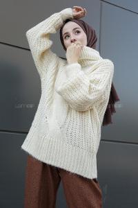 Modalamelif Boğazlı Önü Saç Örgü Kazak Kemik