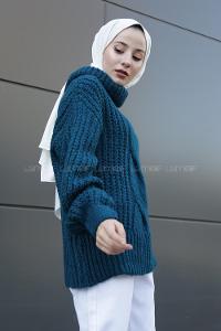 Modalamelif Boğazlı Önü Saç Örgü Kazak Petrol Mavisi