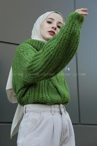 Modalamelif Boğazlı Önü Saç Örgü Kazak Yeşil