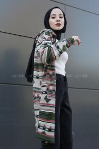 Modalamelif Etnik Desen Kapşonlu Tam Fermuarlı Polar Tunik Haki