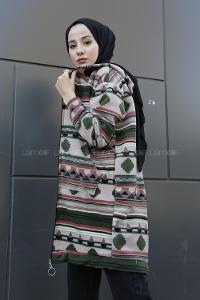 Modalamelif Etnik Desen Kapşonlu Tam Fermuarlı Polar Tunik Haki