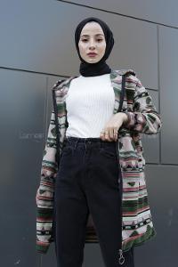 Modalamelif Etnik Desen Kapşonlu Tam Fermuarlı Polar Tunik Haki