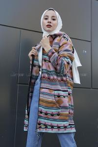 Modalamelif Etnik Desen Kapşonlu Tam Fermuarlı Polar Tunik Pudra