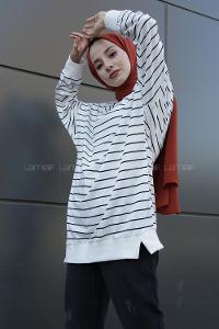 Modalamelif İndirimli Eteği Lastikli Çizgili Basıc Tunik  Beyaz Siyah