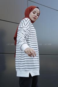 Modalamelif İndirimli Eteği Lastikli Çizgili Basıc Tunik  Beyaz Siyah