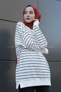 Modalamelif İndirimli Eteği Lastikli Çizgili Basıc Tunik  Beyaz Siyah