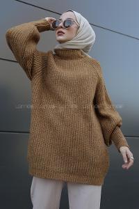 Modalamelif Yarım Boğazlı Balon Kol Kazak Camel