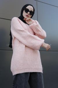 Modalamelif Yarım Boğazlı Balon Kol Kazak Pudra