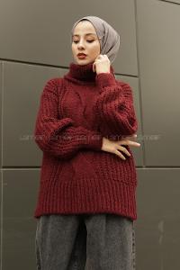 Modalamelif Boğazlı Önü Saç Örgü Kazak Bordo