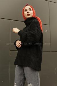 Modalamelif Boğazlı Önü Saç Örgü Kazak Siyah