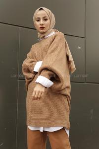 Modalamelif  Kayık Yaka Yarasa Kol Detaylı Kazak Sütlü Kahve