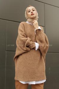 Modalamelif  Kayık Yaka Yarasa Kol Detaylı Kazak Sütlü Kahve