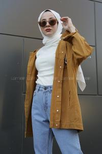 Modalamelif Önü Düğmeli Kapşonlu Ceket Hardal Sarısı