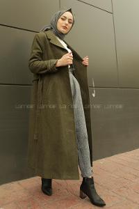 Modalamelif Belden Bağlamalı Kaşe Kaban Haki