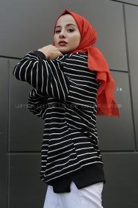 Modalamelif Çizgili Kapşonlu Sweat Siyah