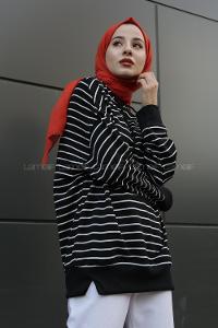 Modalamelif Çizgili Kapşonlu Sweat Siyah