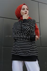Modalamelif Çizgili Kapşonlu Sweat Siyah