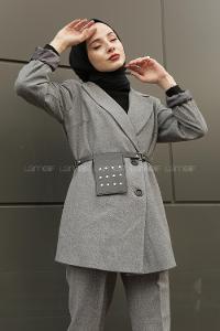 Modalamelif Çanta Detaylı Kaşe Ceket  Gri