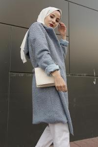 Modalamelif Kapşonlu Belden Bağlamalı  Bergamo Kaban Açık Mavi