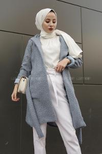 Modalamelif Kapşonlu Belden Bağlamalı  Bergamo Kaban Açık Mavi