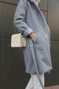 Modalamelif Kapşonlu Belden Bağlamalı  Bergamo Kaban Açık Mavi