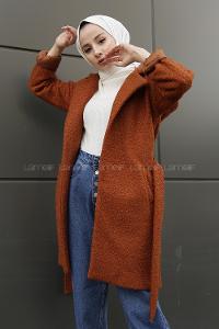 Modalamelif Kapşonlu Belden Bağlamalı  Bergamo Kaban Tarçın