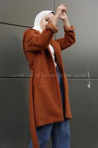 Modalamelif Kapşonlu Belden Bağlamalı  Bergamo Kaban Tarçın