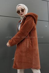 Modalamelif Kapşonlu Uzun Peluş Mont Tarçın