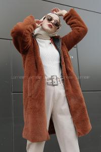 Modalamelif Kapşonlu Uzun Peluş Mont Tarçın