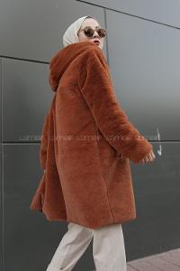 Modalamelif Kapşonlu Uzun Peluş Mont Tarçın