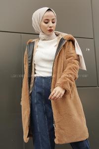 Modalamelif Kapşonlu Uzun Peluş Mont Vizonrengi