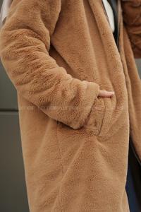 Modalamelif Kapşonlu Uzun Peluş Mont Vizonrengi