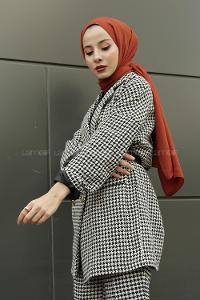 Modalamelif Önü Düğmeli Düşük Kol Kazayğı Desenli Kaban Siyah Beyaz