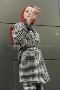 Modalamelif Önü Düğmeli Düşük Kol Kazayğı Desenli Kaban Siyah Beyaz