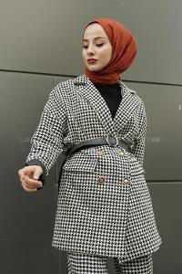 Modalamelif Önü Düğmeli Düşük Kol Kazayğı Desenli Kaban Siyah Beyaz