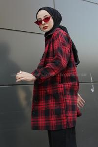 Modalamelif  Önü Düğmeli Oduncu Gömleği  Siyah bordo