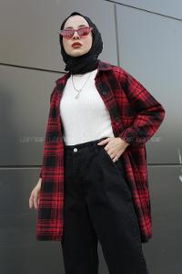 Modalamelif  Önü Düğmeli Oduncu Gömleği  Siyah bordo