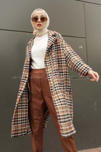 Modalamelif  Çift Cepli Önü Düğmeli  Ekose Kaban Sütlü Kahve