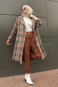 Modalamelif  Çift Cepli Önü Düğmeli  Ekose Kaban Sütlü Kahve